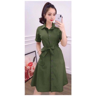 [ĐẦM SƠMI TRƠN CHẤT ĐẸP] - Đầm sơ mi tay lỡ có dây thắt eo ( Hồng, Xanh )