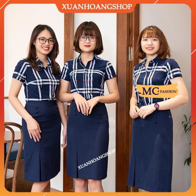 Áo Sơ Mi Nữ Công Sở Mc Fashion, Kiểu Dáng Tay Ngắn Cộc, Họa Tiết Kẻ Sọc Caro, 2 Màu( Vàng, Xanh Đen Tím Than) A665 . !