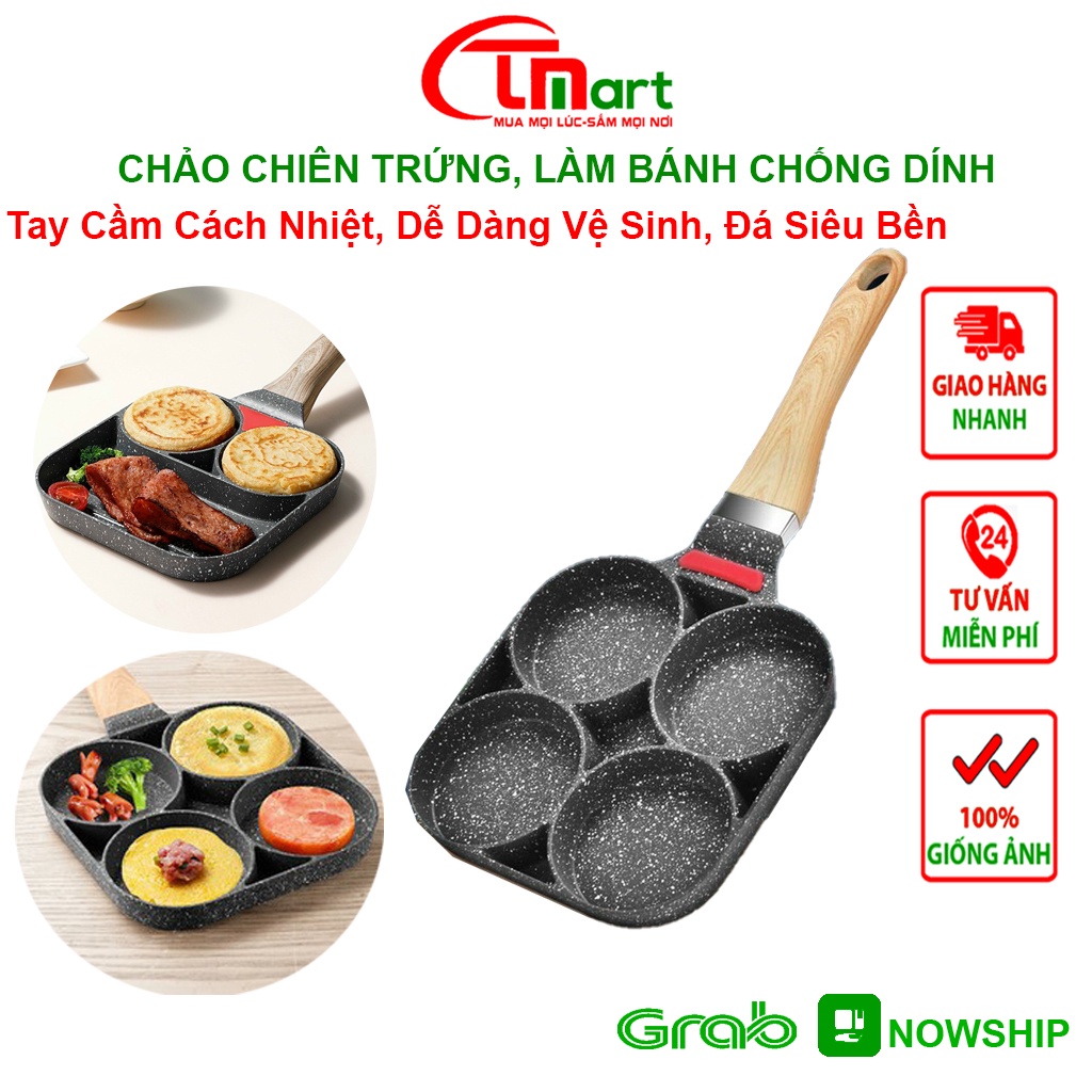 Chảo Chiên Trứng, Làm Bánh 4 Ngăn Chống Dính - Tay Cầm Gỗ Cách Nhiệt, Đá Maifan Siêu Bền, Dễ Dàng vệ Sinh