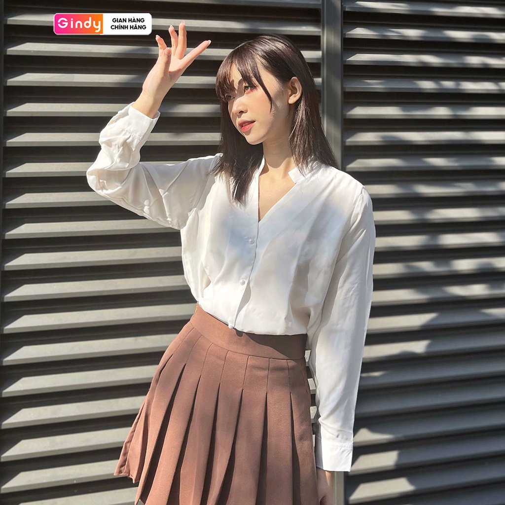 Áo sơ mi lụa nữ trắng cổ tim dài tay GINDY dáng basic trơn thời trang xuân hè, công sở, học sinh A10073