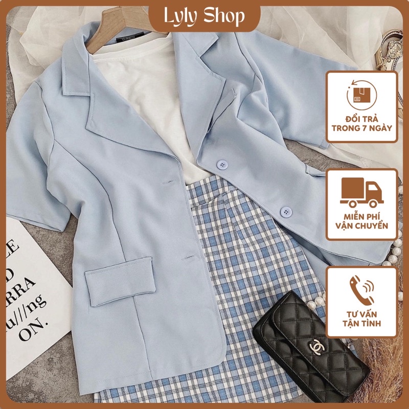 Set vest xanh chân váy caro 3 món kèm ảnh sàn thật