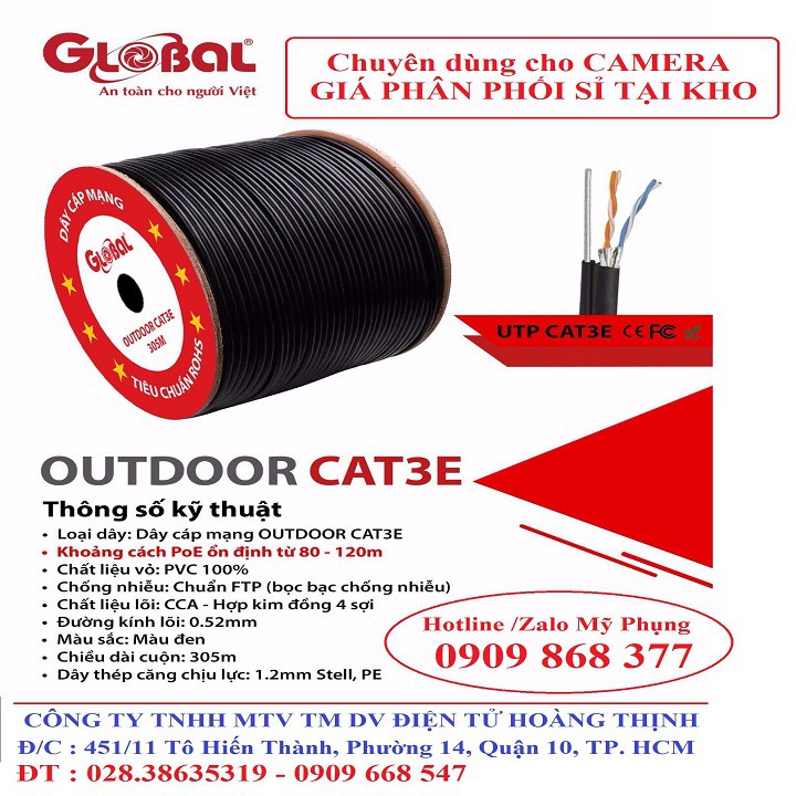 DÂY CÁP MẠNG OUTDOOR CAT3E - 305M - Hiệu Global