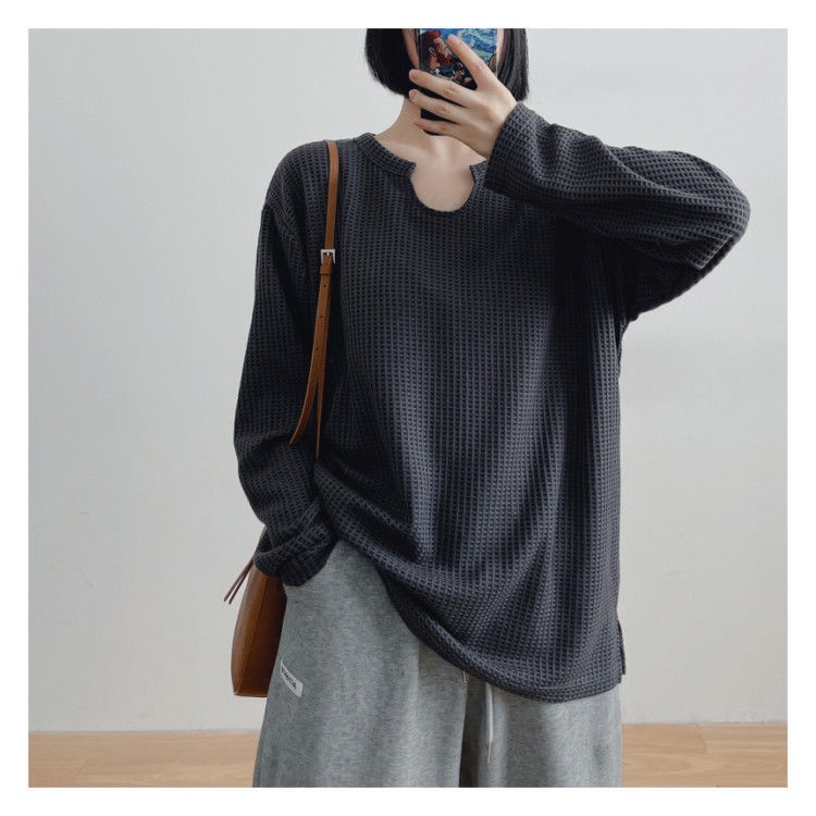 SUA002 Áo thun không cổ khoét tay dài thu đông đen trắng ghi nam nữ Hàn Quốc Áo phông unisex form rộng Ulzzang đẹp hot