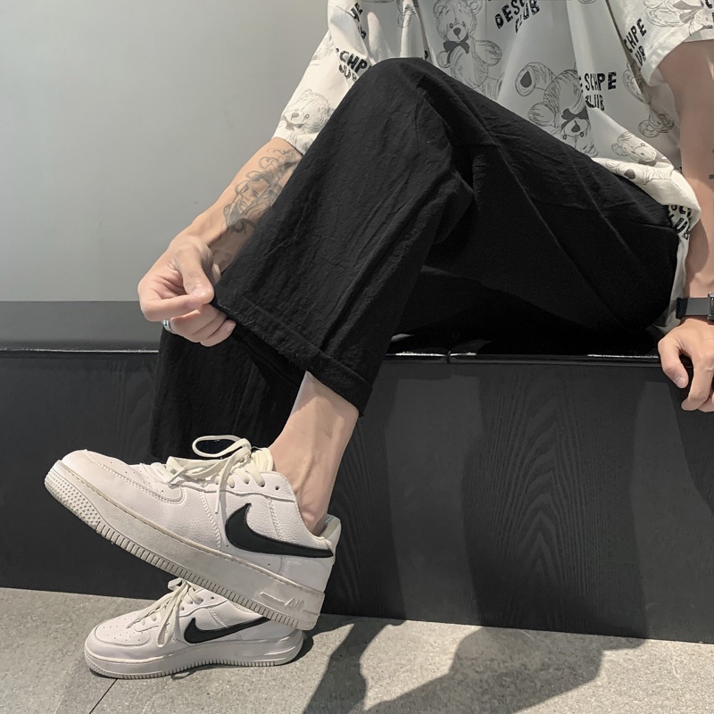 ✦ AFFLIGA ✦Quần dài ống rộng dáng thẳng vải cotton và lanh mỏng màu kaki thời trang mùa thu Nhật Bản cho nam size M-2XL