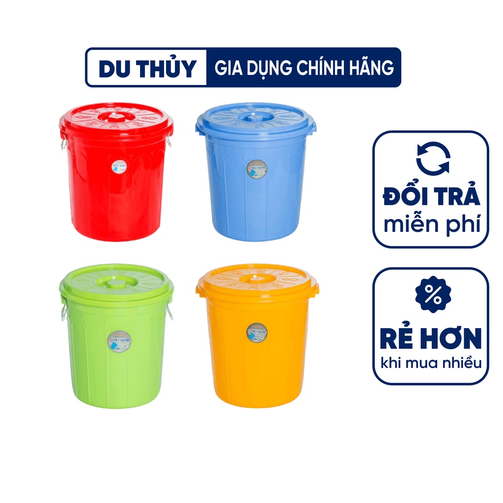 Thùng nhựa tròn có nắp 60L Việt Thành, đường kính 47,5cm-cao 48cm, đựng nước đựng gạo, nhựa PP chính phẩm bền chắc