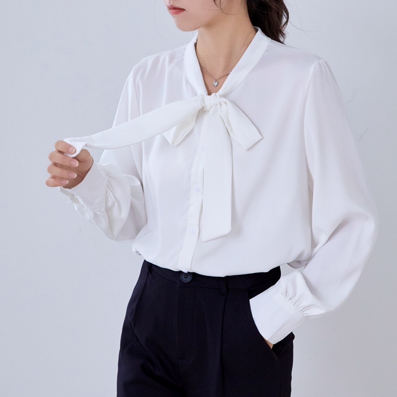 Áo sơ mi nữ vải Satin đính nơ thời trang Hàn Quốc