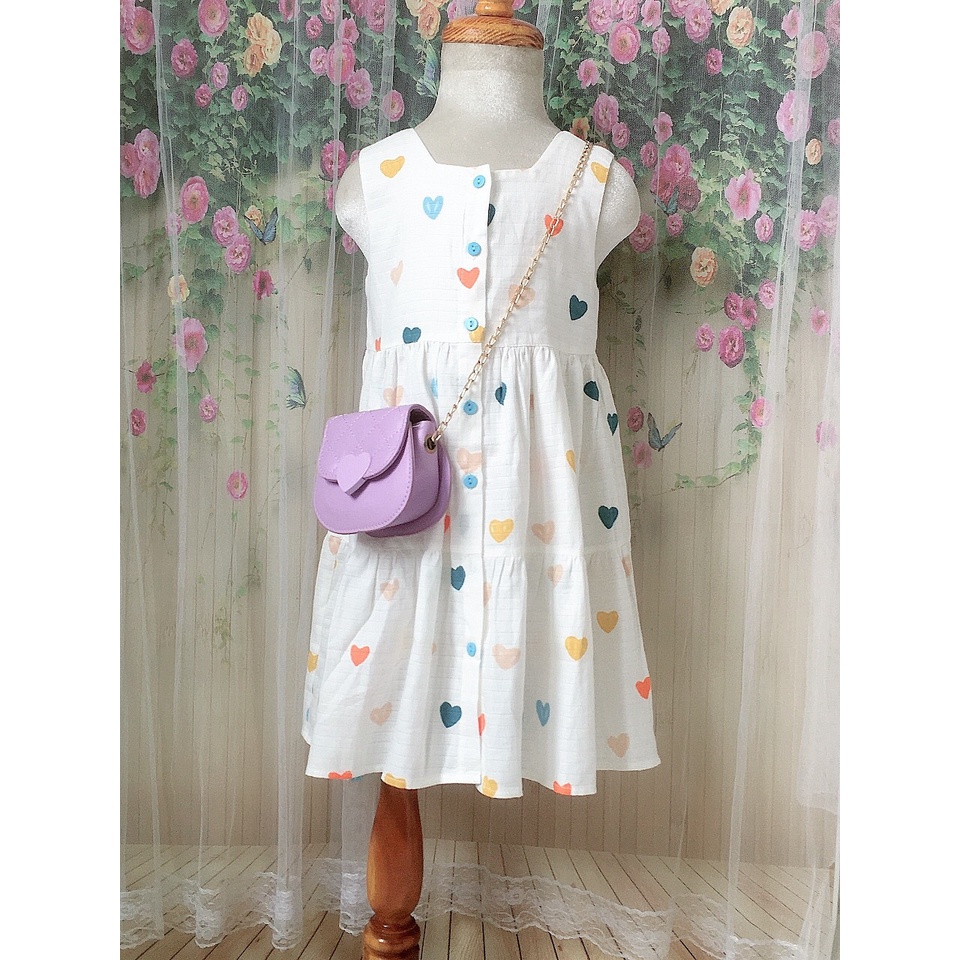 Đầm bé gái hoạ tiết trái tim sát nách vải xô sợi tre mềm mịn siêu xinh cho bé từ 10 - 30kg