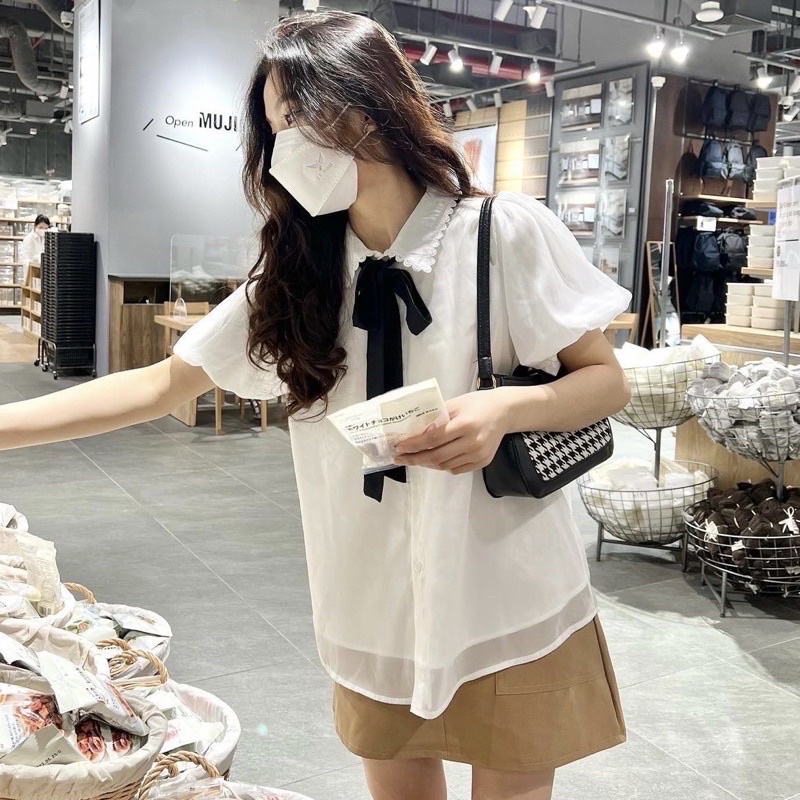 Áo Sơ Mi Nơ Cổ Đen Chất Voan Tơ Tay Phồng 2 Lớp Cực Xinh