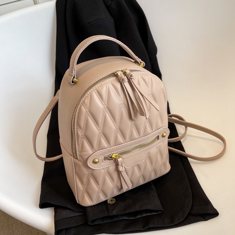 Ba Lô Da Chuwanglin Sọc Ca Rô Phối Khóa Kéo Đôi Thời Trang Cá Tính Cho Nữ