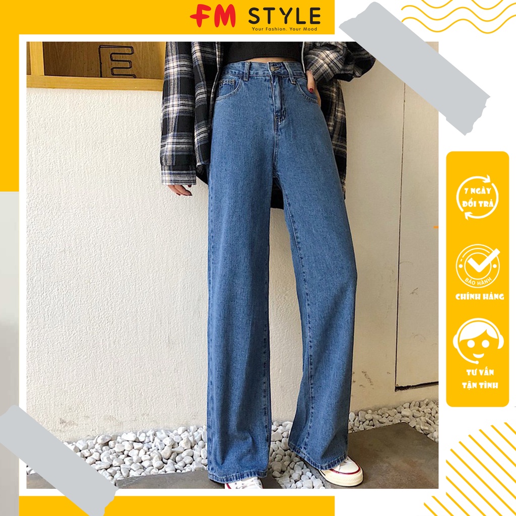Quần jeans nữ Fm Style ống rộng lưng cao dáng suông 2 nút chất xịn mang đứng form 210802010