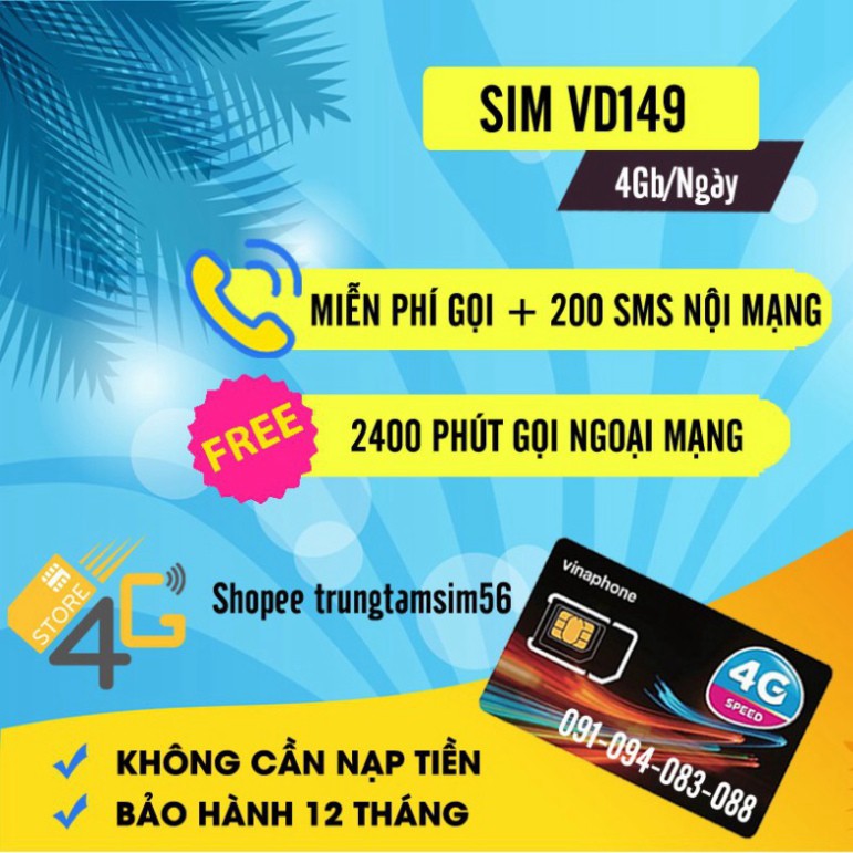 GIÁ CỰC KHỦNG Sim Vina VD149, VD89(D60G), F-HAPPY, D500 12 Tháng Miễn Phí 720GB Data 4G và Gọi Điện Miễn Phí , Bảo Hành 