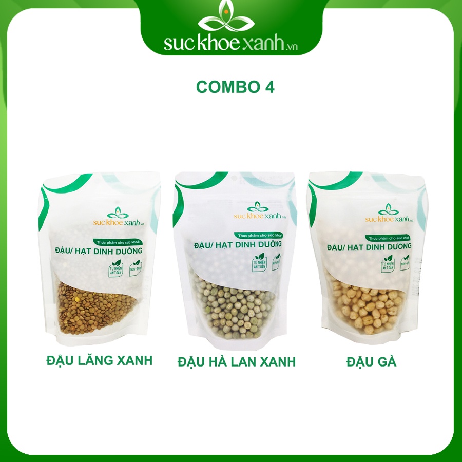 Combo 4 - Đậu gà &amp; Đậu lăng xanh &amp; Đậu hà lan xanh nguyên hạt (mỗi túi 250g)