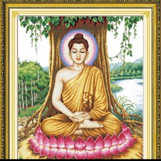 Tranh thêu chữ thập phật thích ca ngồi gốc bồ đề r262 85x111 cm