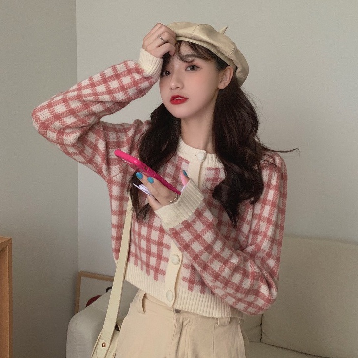 Áo Khoác len Cardigan Dệt Kim Cổ Tròn Sọc Caro Phong Cách Hàn Quốc Thời Trang Mùa Thu Cho Nữ