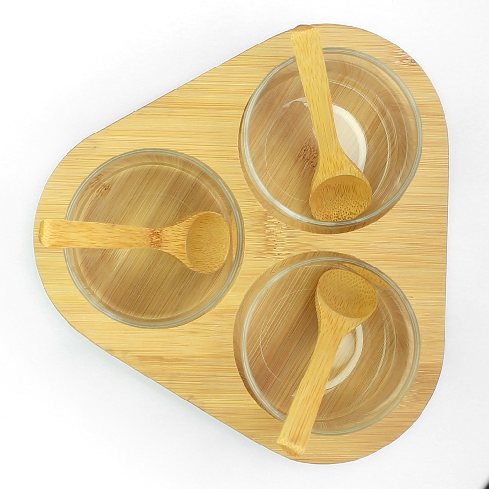 Bộ 3 hủ thủy tinh đựng gia vị khay gỗ HOBBY Home Decor HGVTG - gỗ tre có nắp và muỗng - mẫu tam giác
