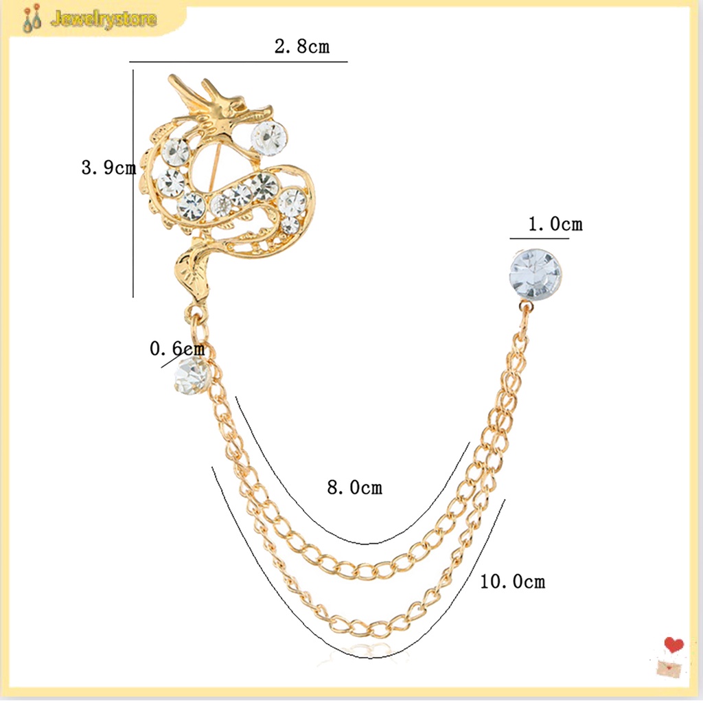 Ghim cài áo hình rồng đính đá phối dây xích phong cách Trung Hoa