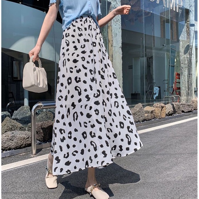 Chân váy midi BH chiffon chữ A lưng thun cao in họa tiết da báo thời trang 2022
