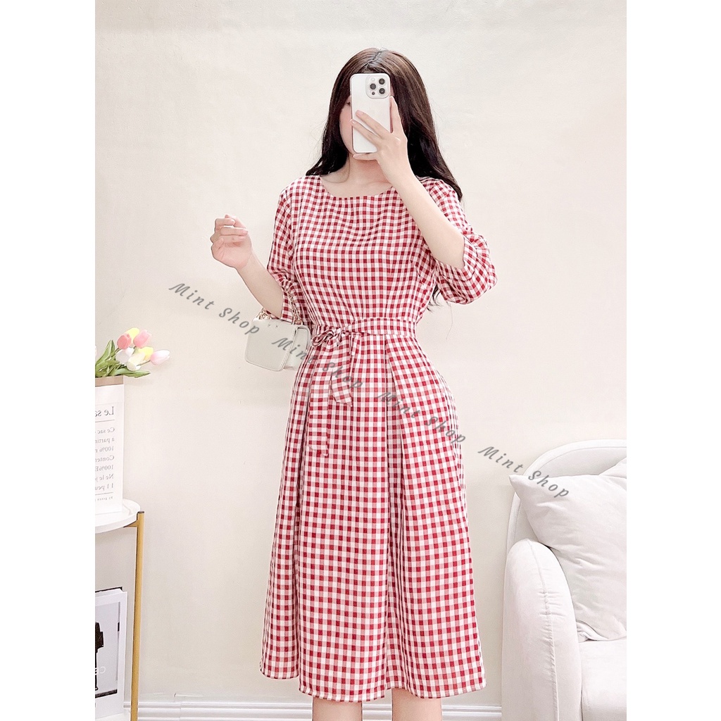 váy dài qua gối kẻ caro đỏ dáng basic dễ mặc thích hợp đi làm đi chơi | BigBuy360 - bigbuy360.vn