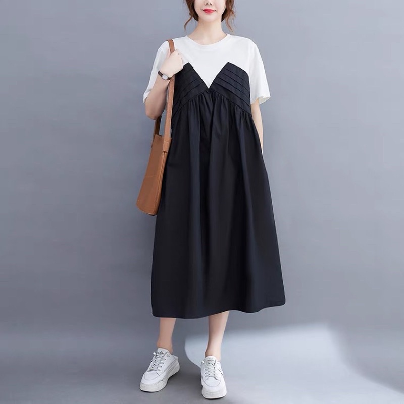 Bigsize dưới 70kg Váy yếm liền đen trắng, váy bầu mặc được