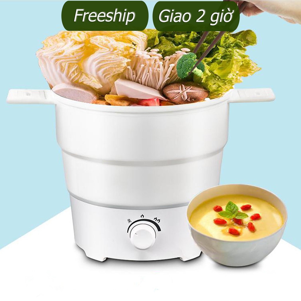 Nồi Nấu Lẫu, Nấu Mì Bằng Điện Gấp Gọn Du Lịch, Ký Túc Xá, Văn Phòng Dung Tích 01L - Tặng Kèm Túi Vải Và Vỉ Hấp