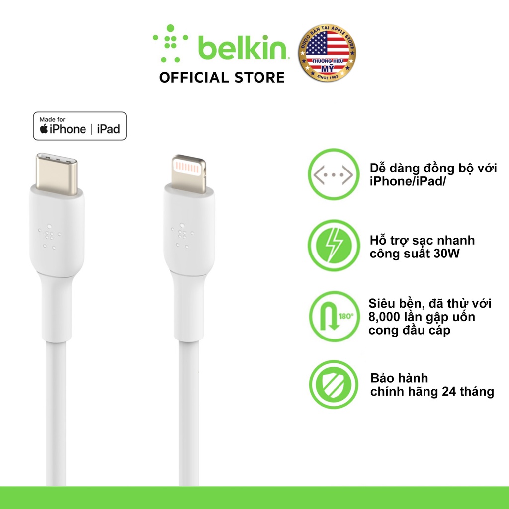 Cáp USB-C to Lightning BOOST CHARGE Belkin vỏ nhựa, chứng chỉ MFi, sạc nhanh 30W - Hàng chính hãng