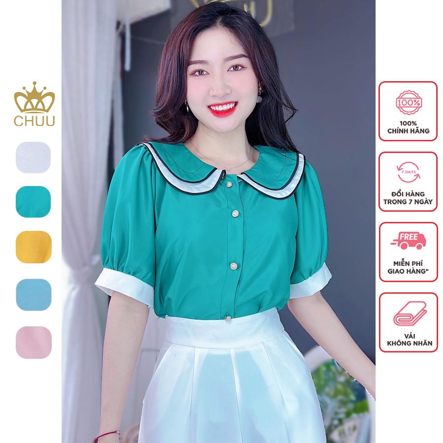 Áo sơ mi tay phồng ngắn kiểu cổ 2 lớp 2 màu công sở nữ CHUU A8075