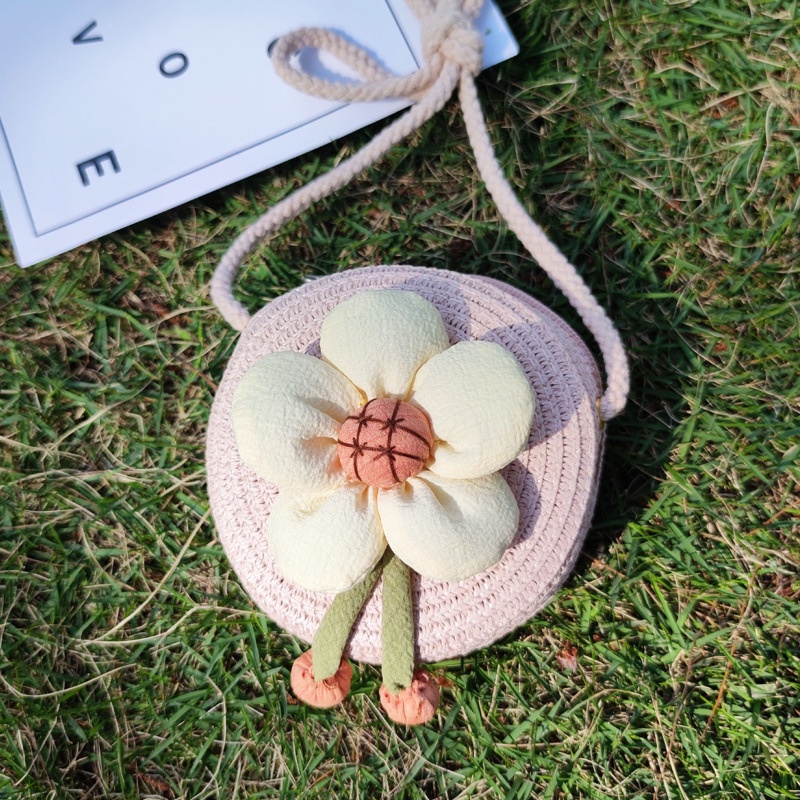 Túi Cói Đeo Chéo Mini Đính Hoa Dễ Thương Cho Bé