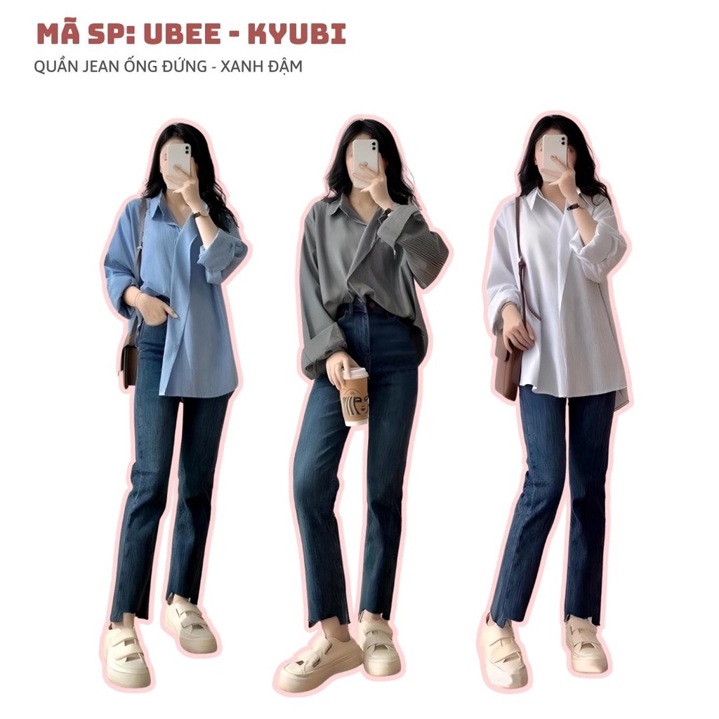 Quần Jean Nữ Ống Suông Đứng Cắt Gấu KYUBI Chất Bò Jeans Co Dãn Cao Cấp Dày Dặn (có bigsize) - UBEE