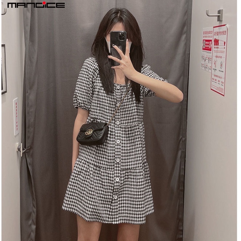 Đầm Dáng Chữ A Tay Phồng Họa Tiết Sọc Caro Trắng Đen Đơn Giản Thời Trang Cho Nữ ME3229