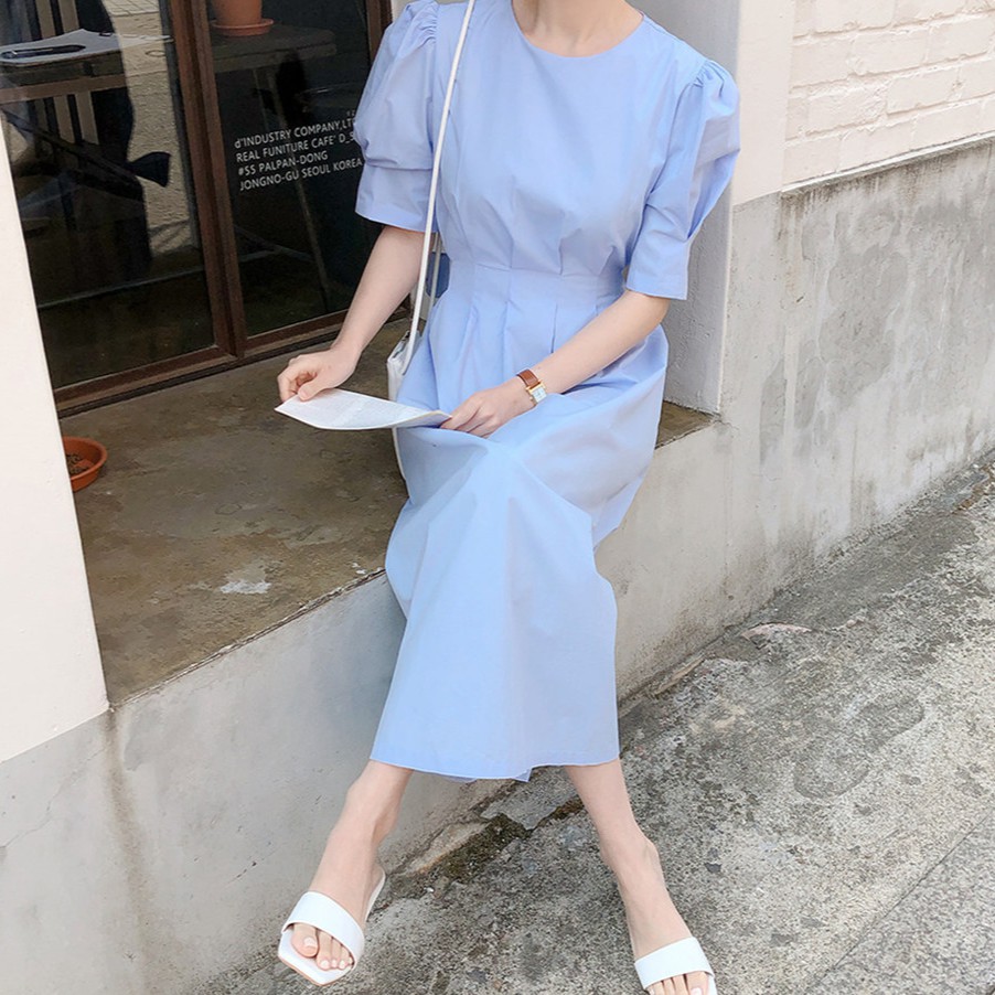 Đầm tay phồng cổ tròn màu trơn xinh xắn cho nữ 42997