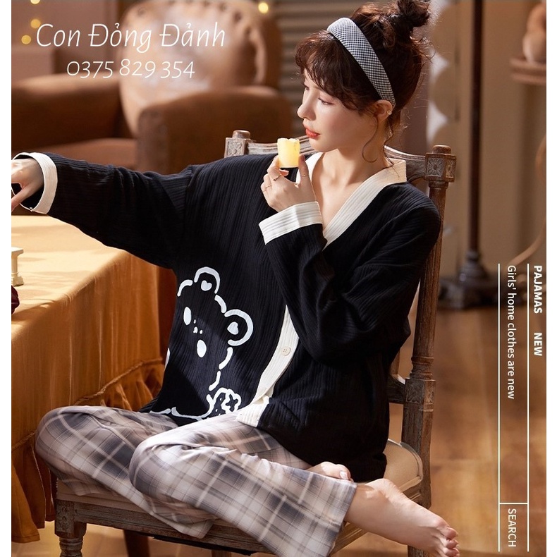 Đồ Ngủ Nữ Kimono cổ YUKATA dài tay phong cách Nhật Bản 2021 DN010 .vịt (Chất thun cotton mềm) ảnh thật | BigBuy360 - bigbuy360.vn