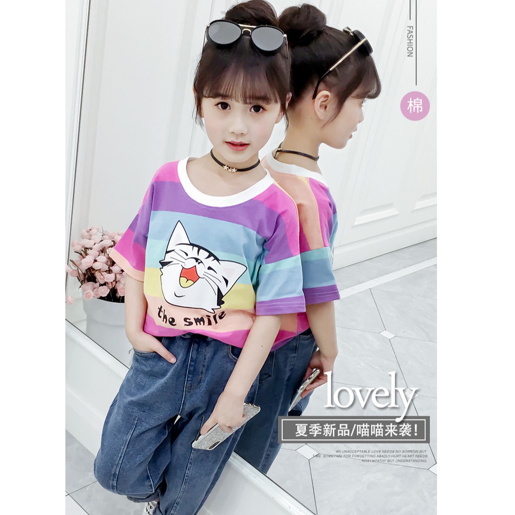 Áo phông bé gái lớn họa tiết mèo the smile