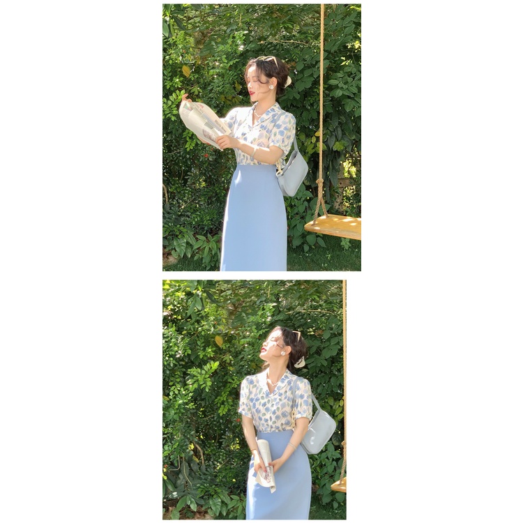 Chân váy nữ dáng dài xẻ tà sau màu xanh nhẹ nhàng Okélla