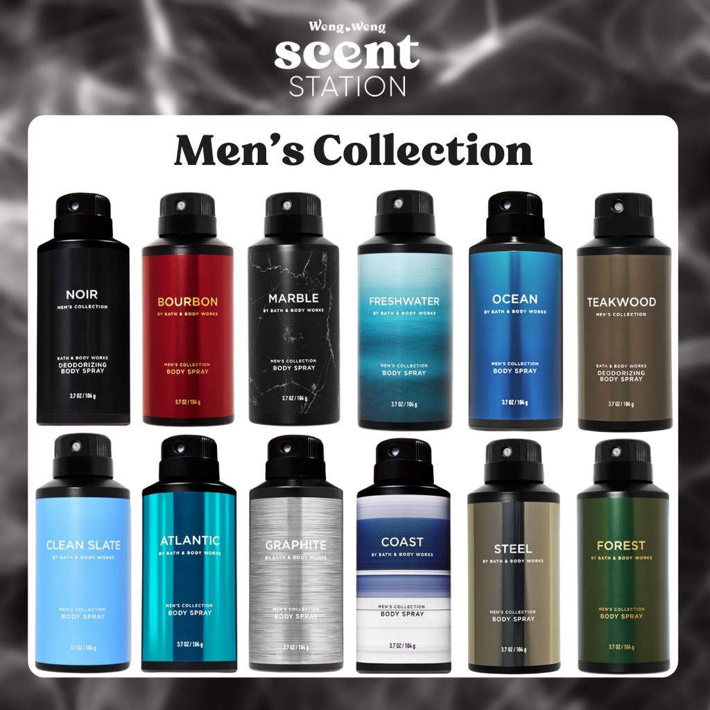 Xịt thơm toàn thân Men's Collection Bath & Body Works: Marble / Noir / Bourbon / Teak Wood / Freshwater / Steel / Ocean