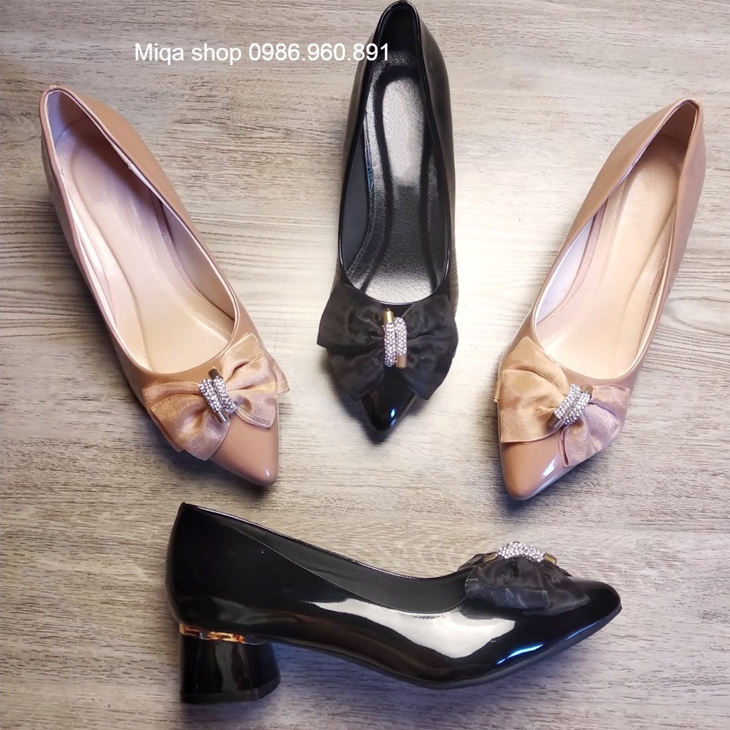 Ảnh thật - Giày cao gót nơ đá đế vuông 3cm - Made in Vietnam