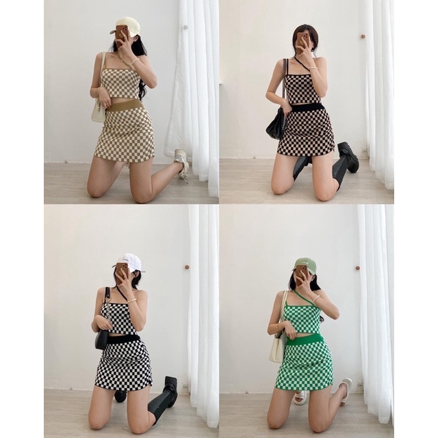 Set áo caro dây cổ chéo kèm chân váy S350 SUSTORE