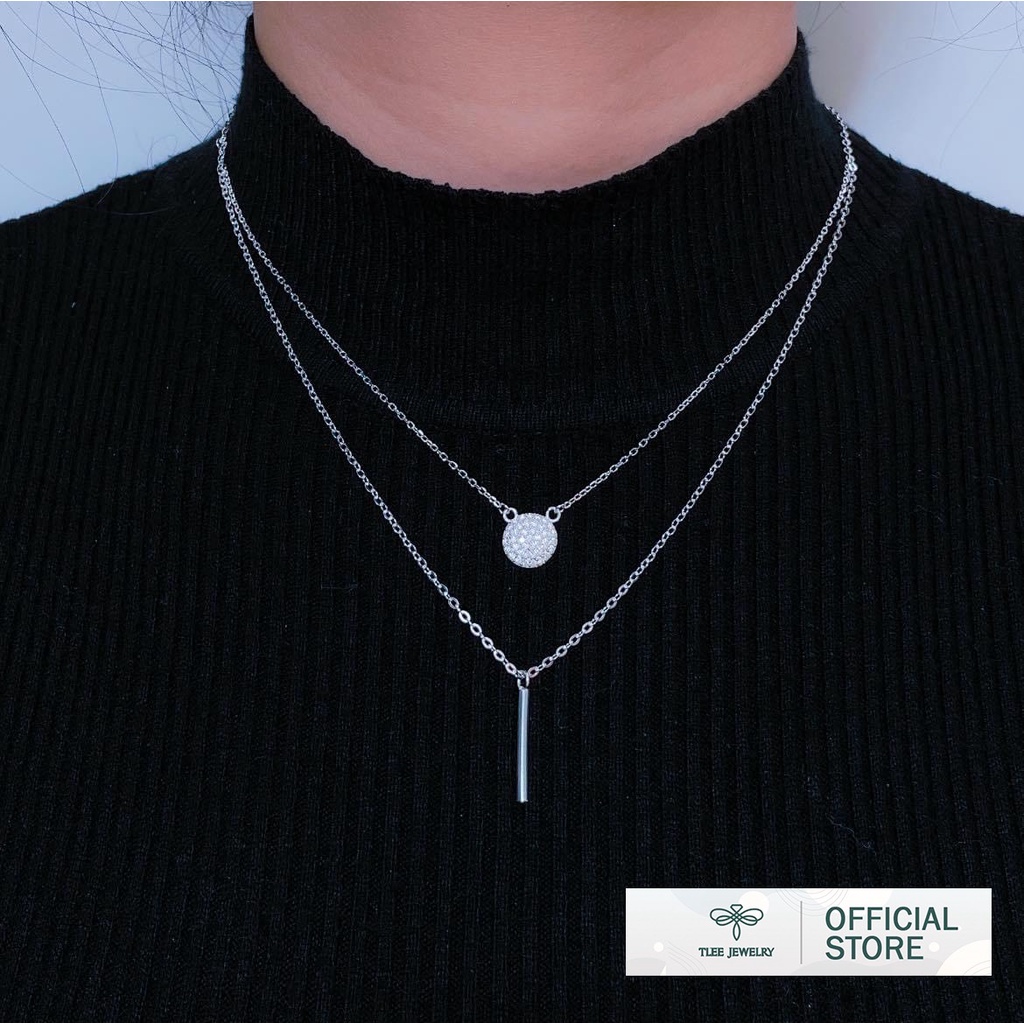 Dây chuyền bạc nữ TLEE dây kép thanh bạc mặt tròn đính đá TleeJewelry D0219