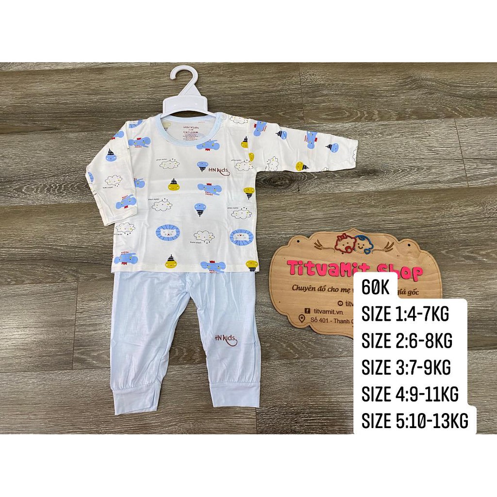 Bộ dài hnkids peptit cài vai trắng họa tiết quần màu, bộ dài tay cho bé trai, bé gái