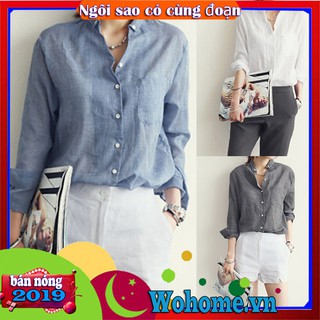 Áo sơ mi cổ đứng dài tay màu trơn cho nữ