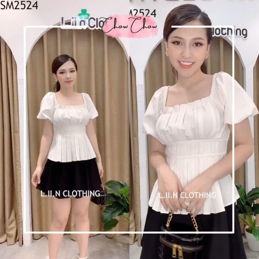 Áo Peplum Nữ Trắng Xếp ly 💝 Áo sơ mi cổ vuông Nữ Tay bồng siêu dễ thương