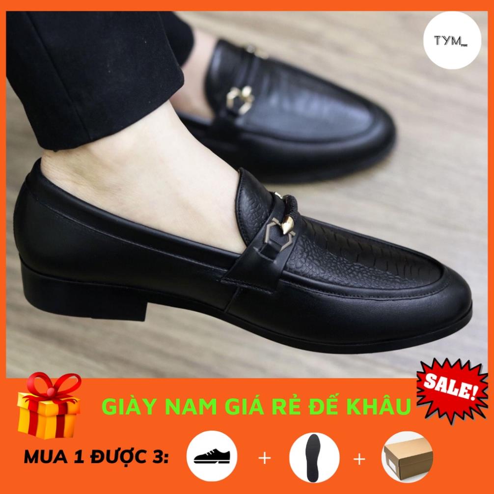 Giày lười da nam công sở dập vân đà điểu - Giày nam da bò pu cao câp - Đế cao su non cao 3cm, Mã VC28, H