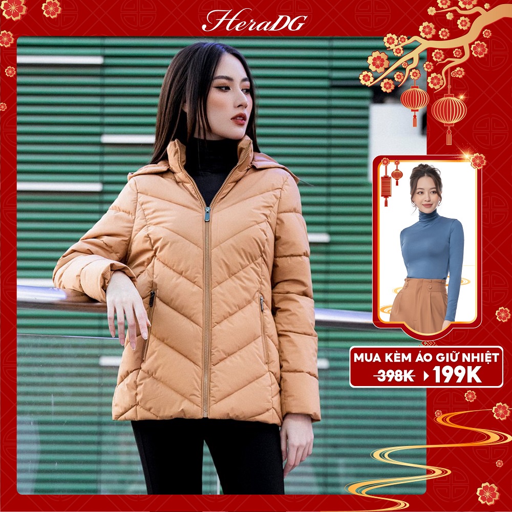Áo Khoác Phao Nữ Dáng Ngắn HeraDG Túi Chéo Kèm Mũ Chần Zizac, Vải 3 Lớp Chống Gió Chống Nước Chống Bám Bụi WJKBA15