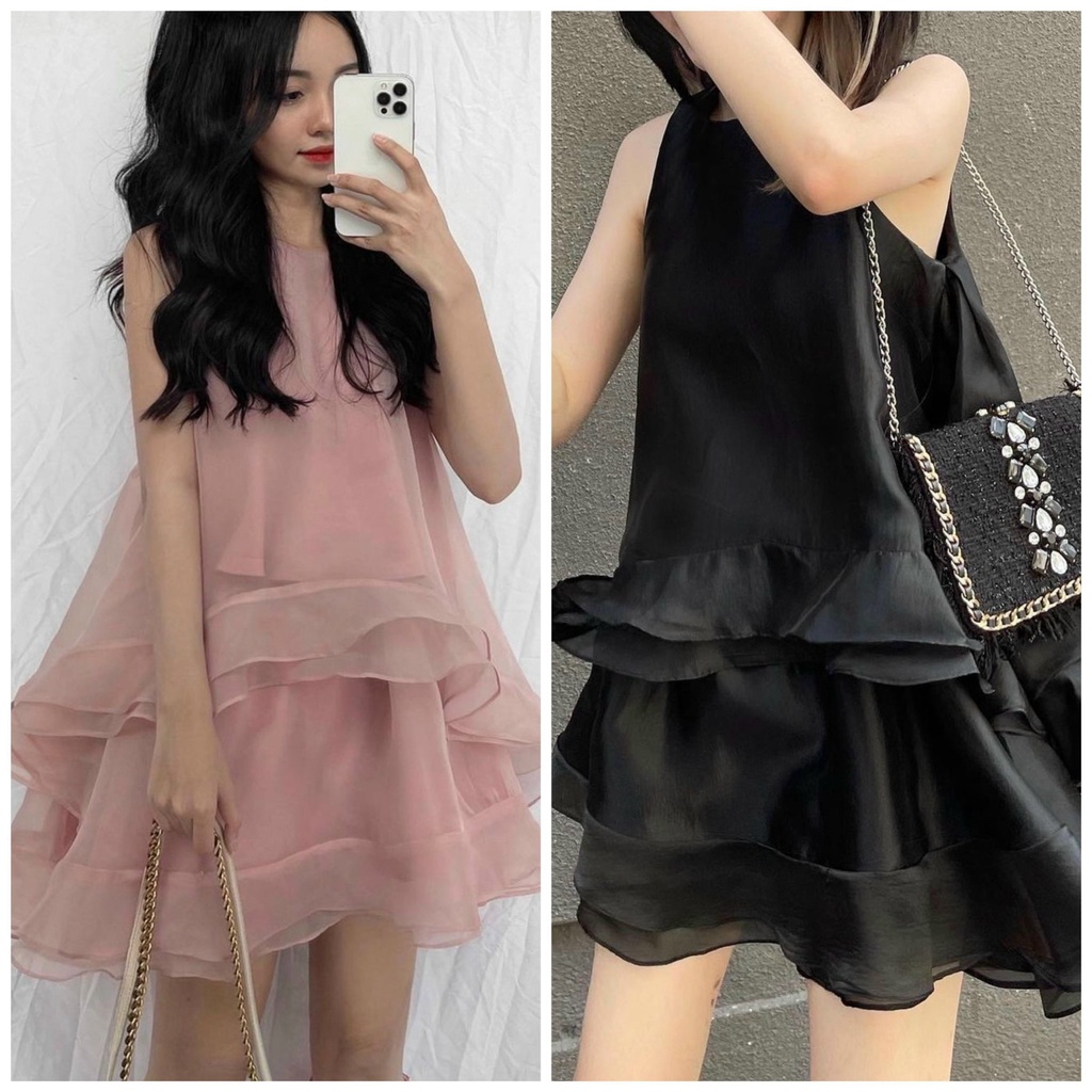 Set voan áo baby doll tầng sát nách giấu quần + short lưng cao tiểu thư ulzzang 2 màu hồng đen