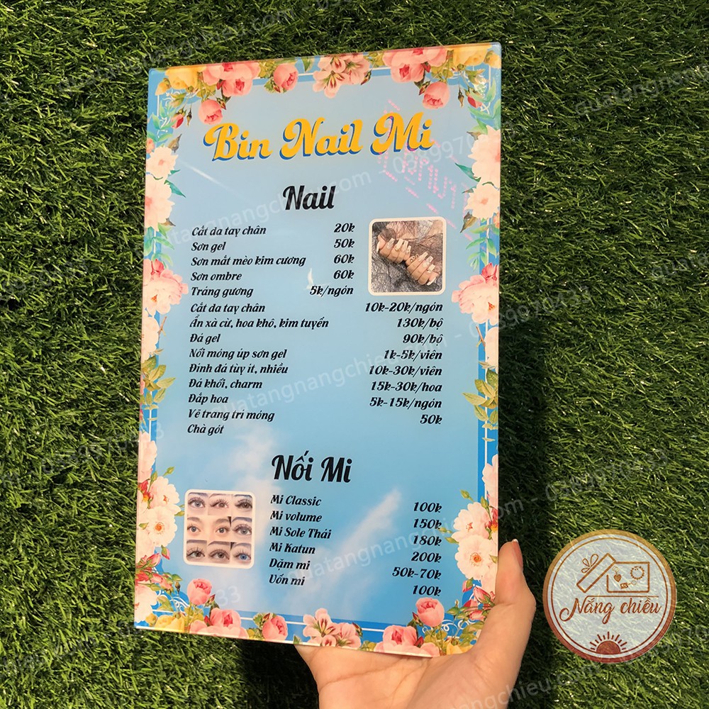 Menu cho tiệm nail , mi, thẩm mỹ viện , Bảng giá dịch vụ spa, chất liệu mica sắc nét và sáng bóng, đa dạng mẫu mã