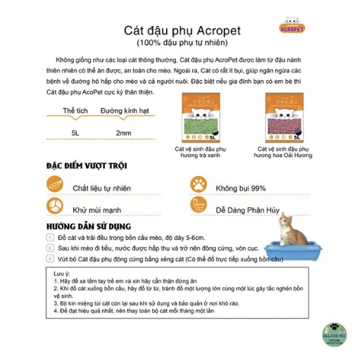 Cát đậu phụ Acropet túi 5l cho mèo - 2 mùi trà xanh và oải hương