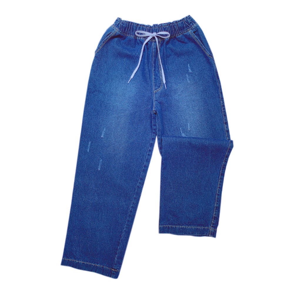 Quần jean nữ quần bò ống rộng cạp cao lưng thun chất cotton không co dãn màu xanh