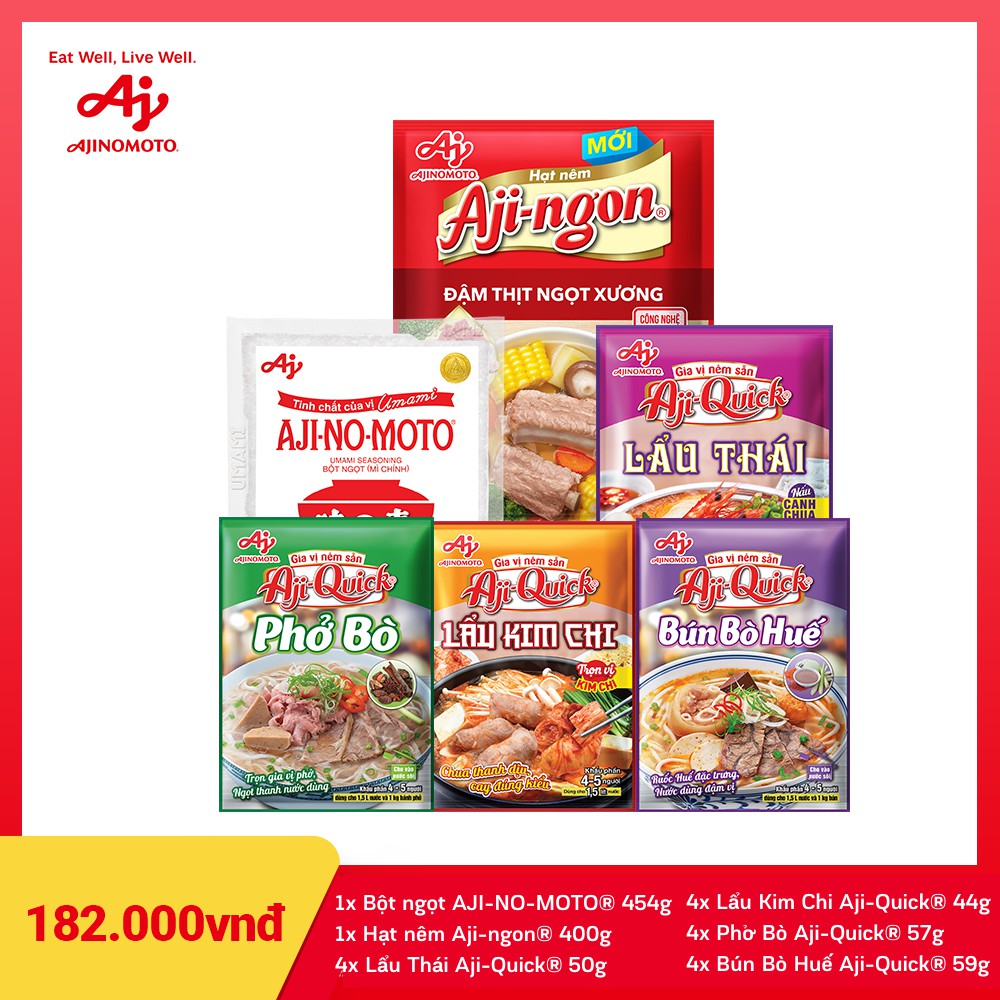 Combo 1 Bột ngọt AJI-NO-MOTO 454g+1 Hạt nêm 400g+4 Lẩu Thái 50gx4+4 Lẩu Kim Chi 44gx4+4 Phở Bò 57gx4+4 Bún Bò Huế 59gx4