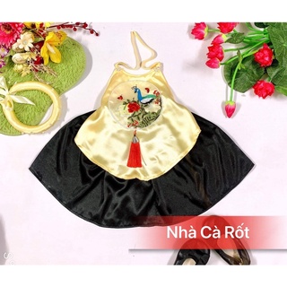 Set yếm màu vàng lụa kèm mấn hàng may thiết kế cho bé gái