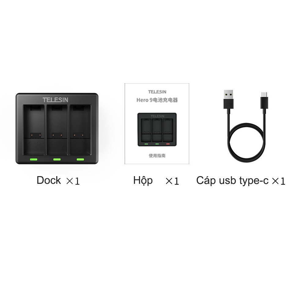 Dock sạc 3 cho Gopro Hero 9 10 - chính hãng Telesin charger dock