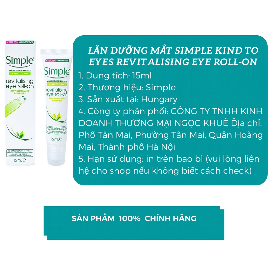 Lăn dưỡng mắt giảm bọng mắt quầng thâm Simple Kind To Eyes Revitalising Eye Roll-On